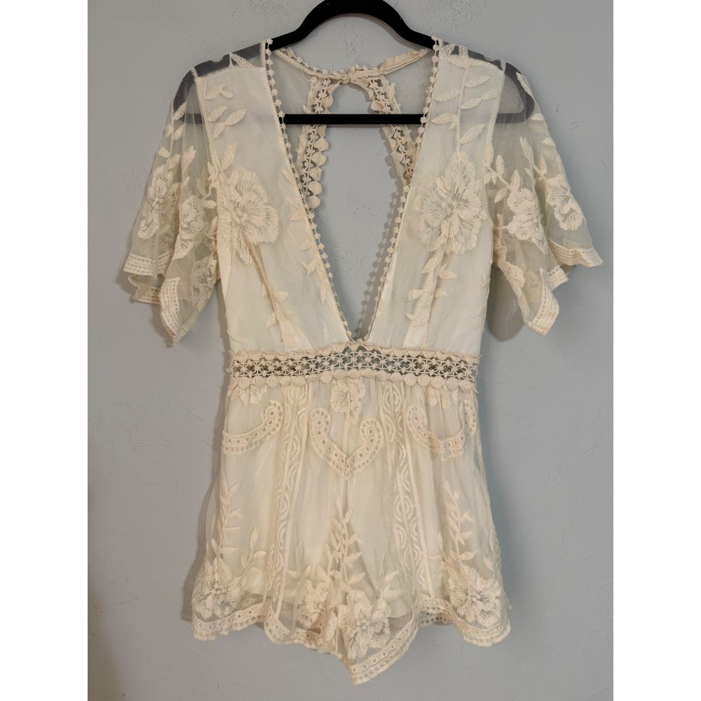 American Threads‎ Cream Floral Lace Mesh Romper Open Back Boho Ivory Small